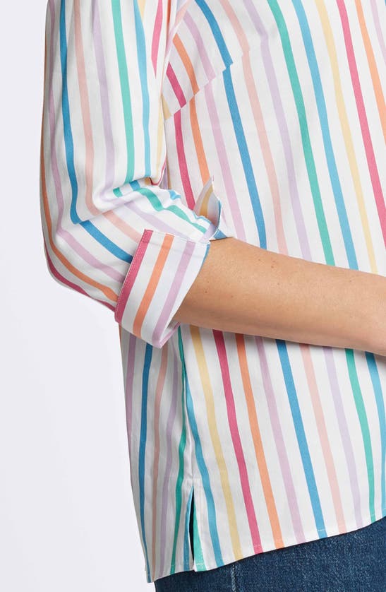 Shop Foxcroft Agnes Rainbow Stripe Three-quarter Sleeve Cotton Popover Top In Multi Stripe