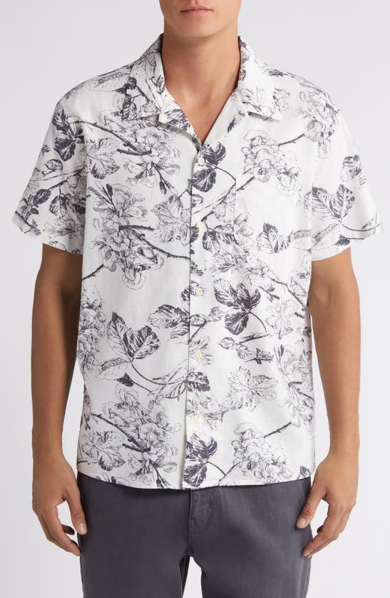 Shop Treasure & Bond Woodcut Floral Linen & Cotton Camp Shirt In Ivory- Navy Woodcut Floral