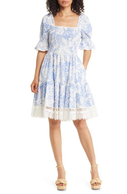 Rachel Parcell Floral Print Lace Puff Sleeve Cotton Dress in Dusty Blue Floral