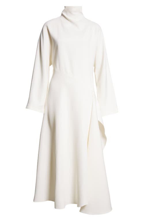 Shop Alaïa Fluid Long Sleeve Silk & Wool Cady Asymmetric Dress In Blanc