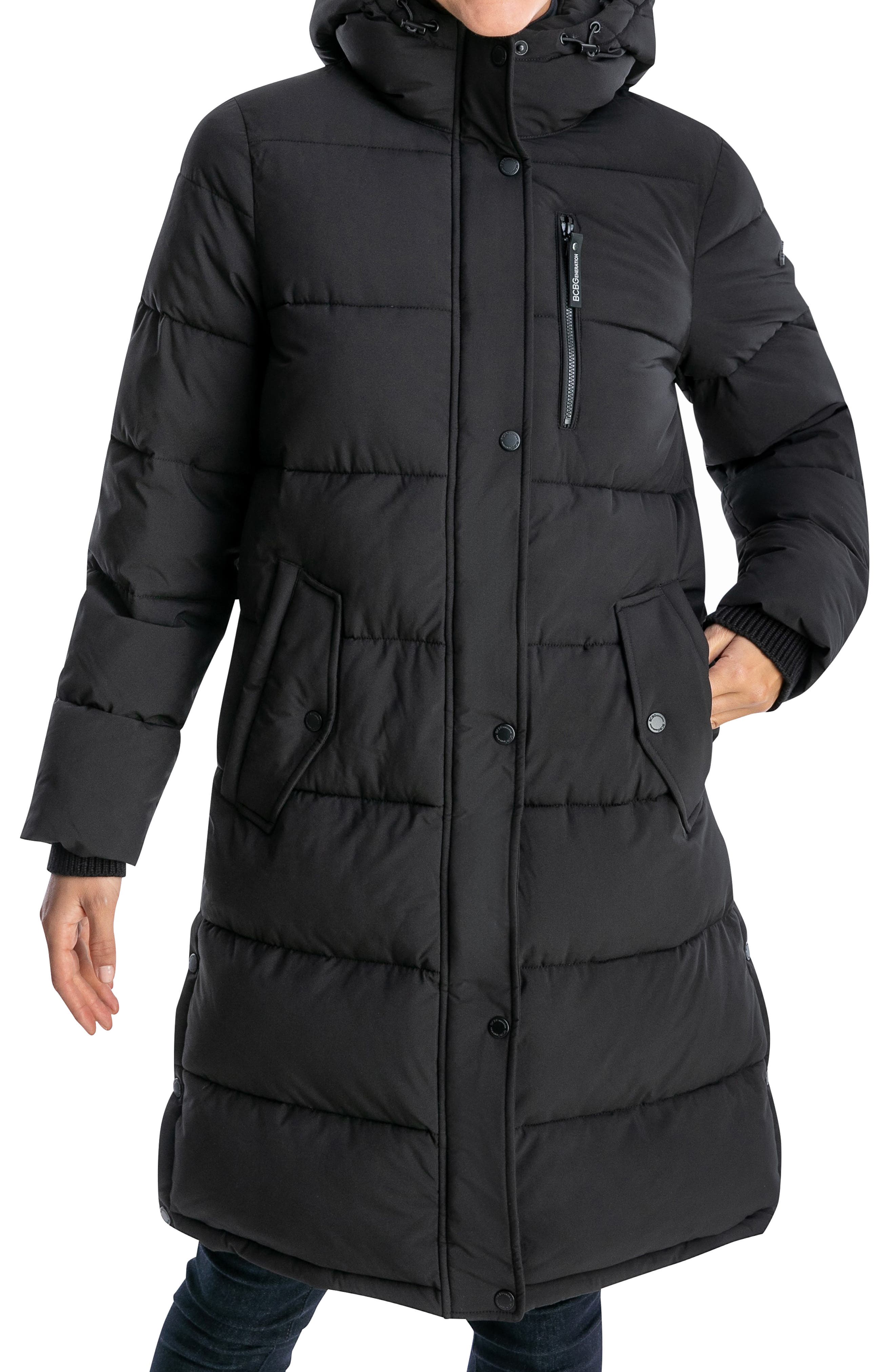 bcbg long eco duvet hooded puffer coat