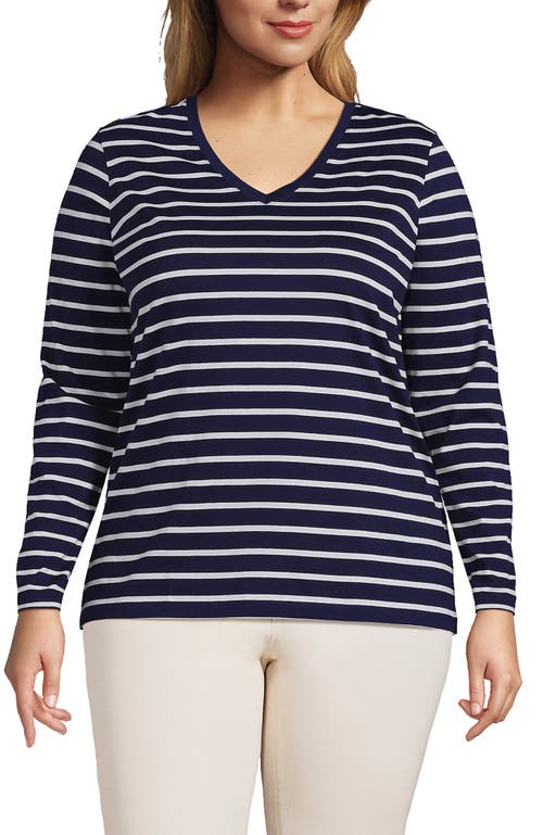 Shop Lands' End Plus Size Relaxed Supima Cotton Long Sleeve V-neck T-shirt In Deep Sea Navy Breton Stripe