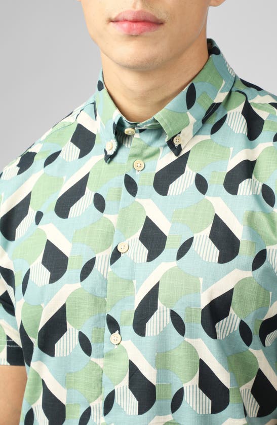 Ben Sherman Art Deco Print Short Sleeve Button-down Shirt In Grass Green