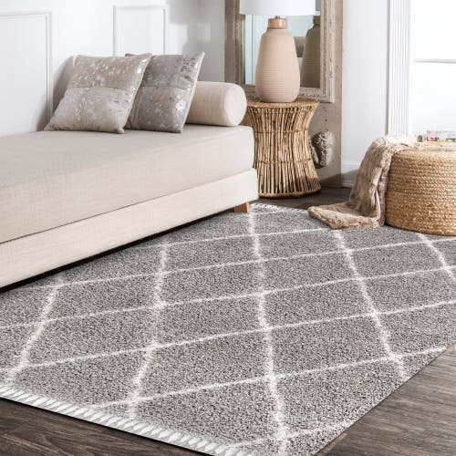 Jonathan Y Mercer Shag Plush Tassel Moroccan Geometric Trellis Denim Area Rug In Gray/cream