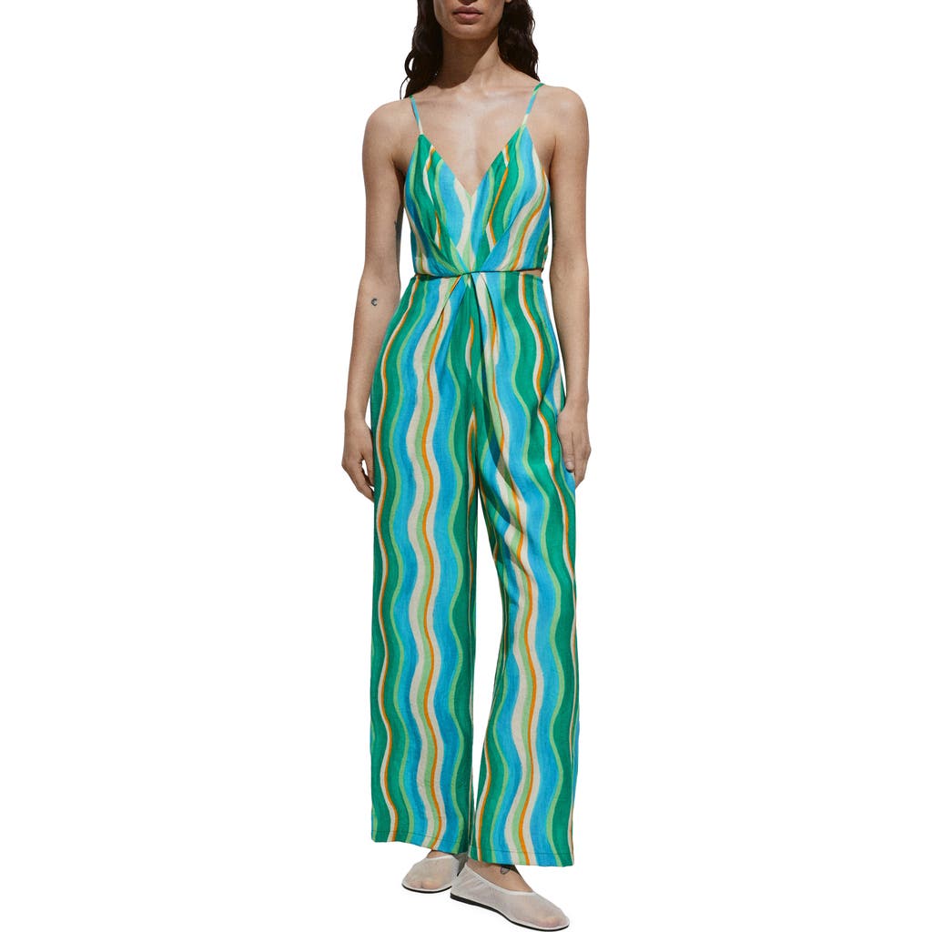 Mango Long Printed Jumpsuit Green In Green