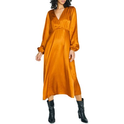 Sanctuary Earth Bound Textured Dot Long Sleeve Midi Dress, Yellow
