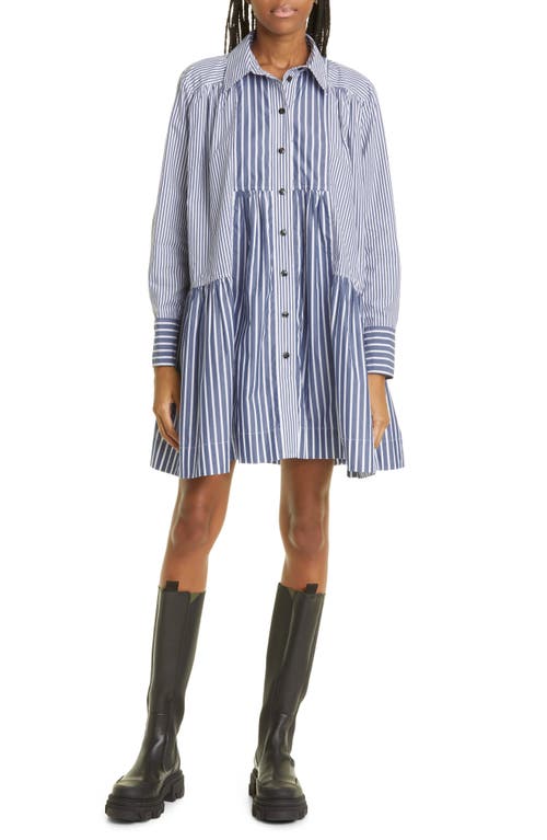 Ganni Stripe Long Sleeve Organic Cotton Trapeze Shirtdress in Gray Blue