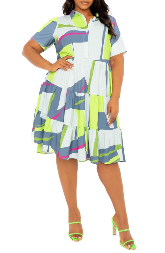 Shop Buxom Couture Print Tiered Shirtdress In Grey Multi