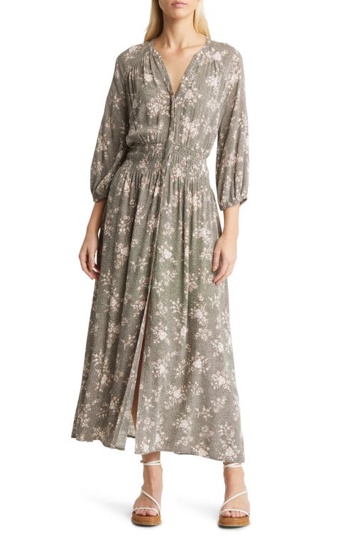 caslon(r) Print Long Sleeve Maxi Dress in Olive- Pink Fantastic Floral