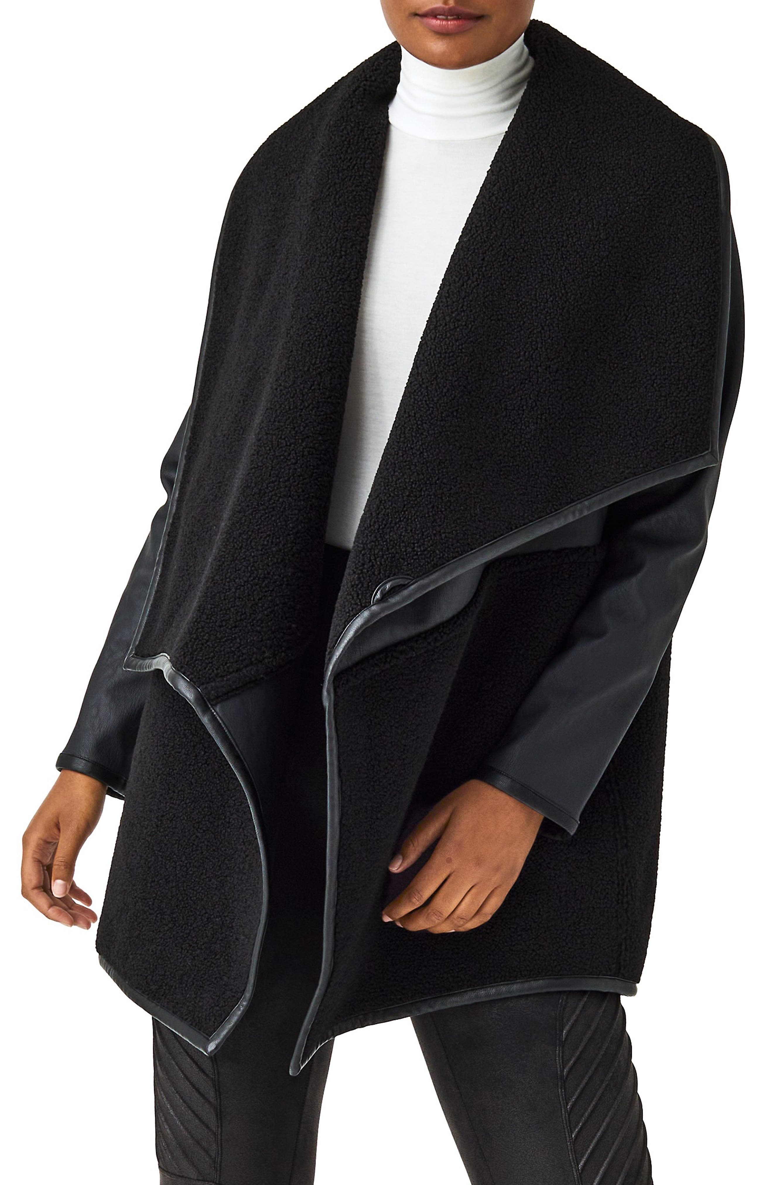 SPANX® SPANX Fleece Faux Leather Long Wrap Jacket in Very Black