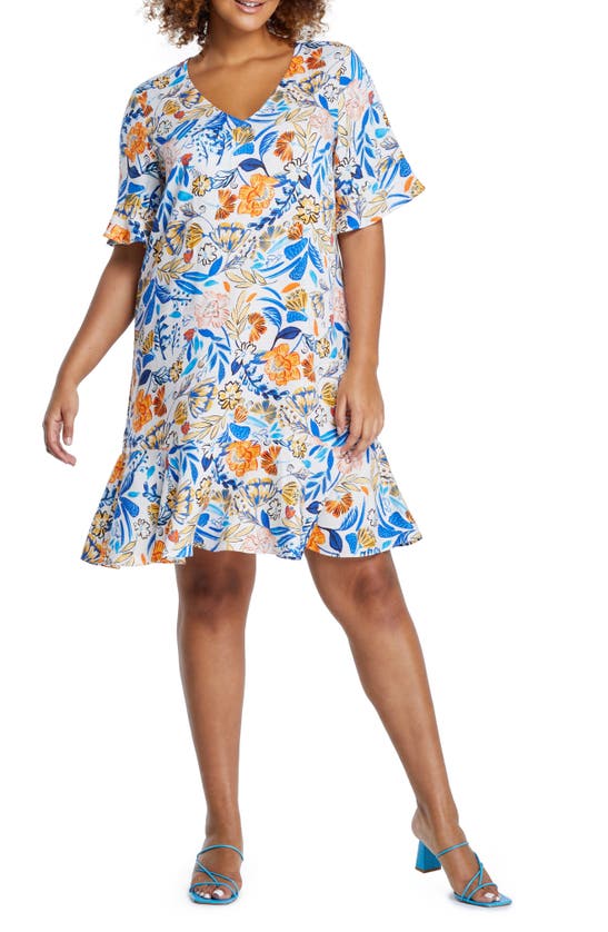 Estelle Gazania Floral Linen Blend Dress In White