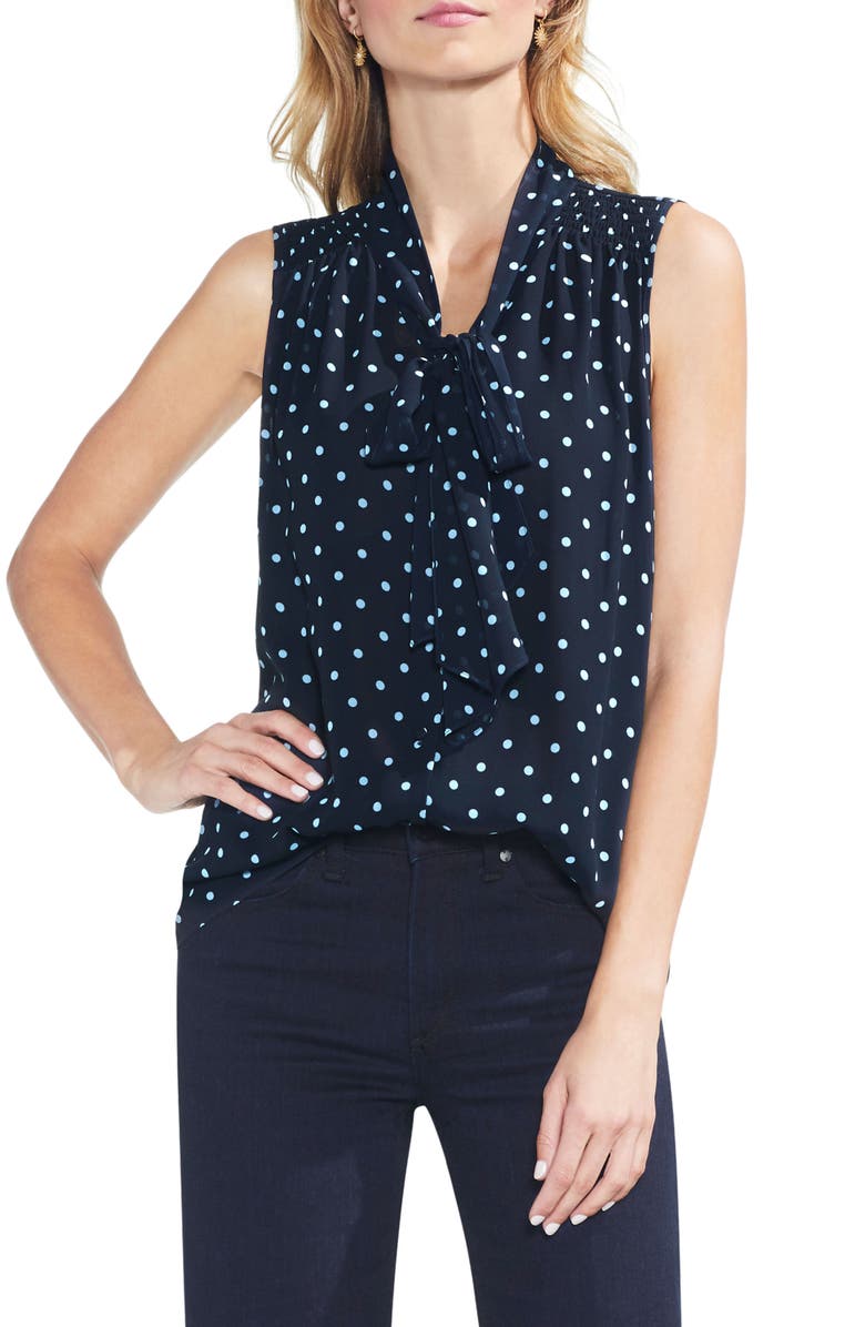 VINCE CAMUTO Romantic Dots Tie Neck Blouse, Main, color, CLASSIC NAVY