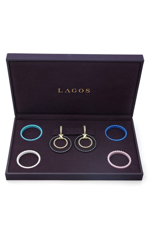 Shop Lagos Meridian Double Circle 18k Gold Diamond & Ceramic Earring Set In Diamond/silver