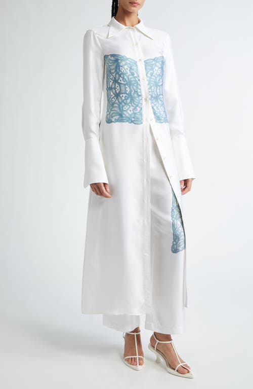 Shop Bite Studios Ålv Lace Print Long Sleeve Organic Silk Shirtdress In Off White