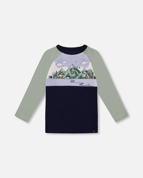 Shop Deux Par Deux Baby Boy's Raglan T-shirt With Print Sage And Navy In Jadeite