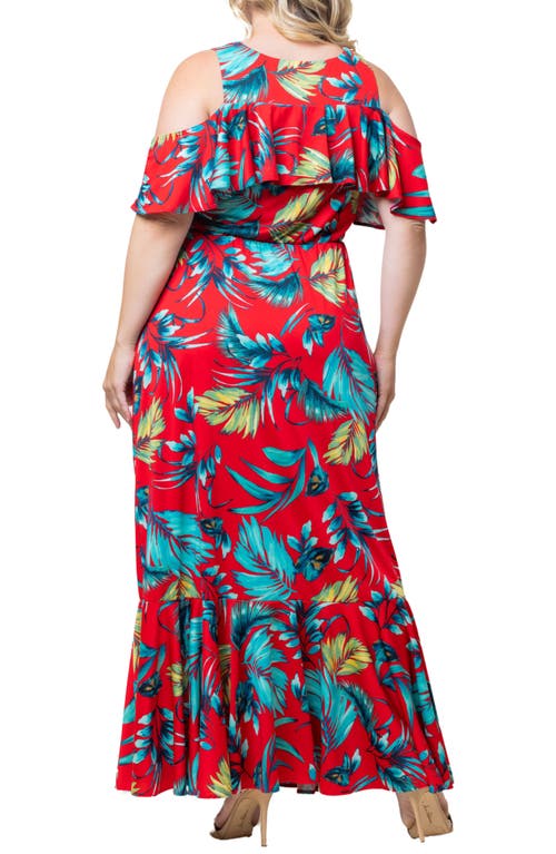 Shop Kiyonna Piper Cold Shoulder Dress In Red Hibiscus Palm Print