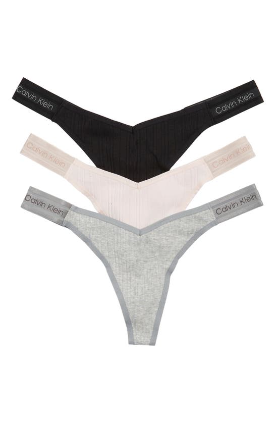 Calvin Klein Refined Ribbed Thongs In Black/ Grey/ Ivory