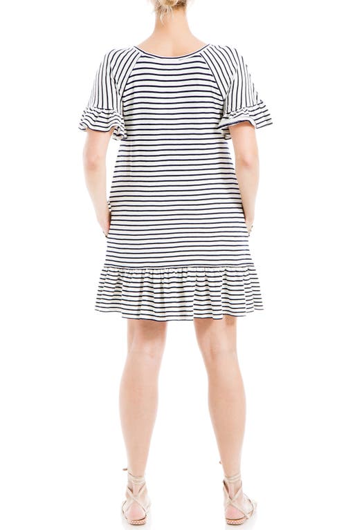 Shop Max Studio Stripe Ruffle Short Sleeve Shift Dress In White/navy