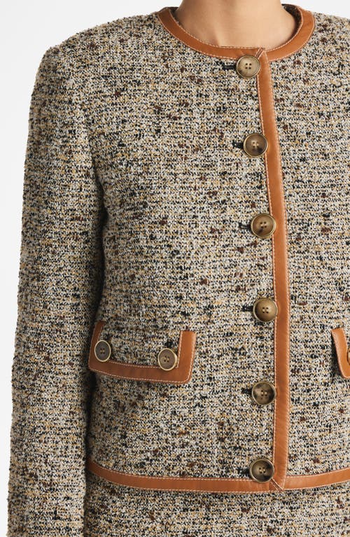 St John St. John Collection Crop Leather Trim Bouclé Tweed Jacket In Camel/ecru Multi