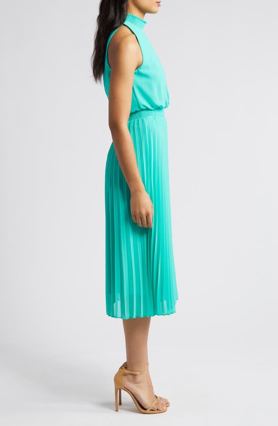 Shop Sam Edelman Smocked Plissé Midi Dress In Turquoise