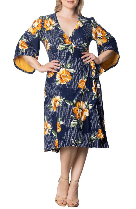 Shop Kiyonna Gemini Floral Bell Sleeve Wrap Dress In Amber Blossoms
