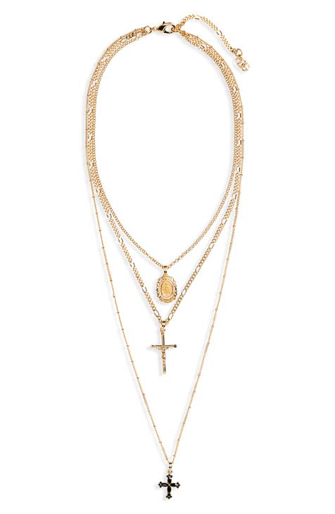 Rosary Cross Layered Pendant Necklace