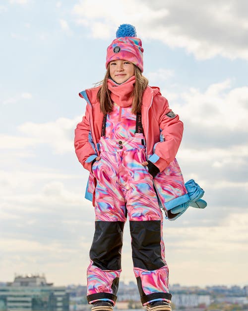 DEUX PAR DEUX DEUX PAR DEUX GIRL'S TWO PIECE SNOWSUIT COLORBLOCK CORAL AND AIR BLUE WITH PRINTED MARBLE 