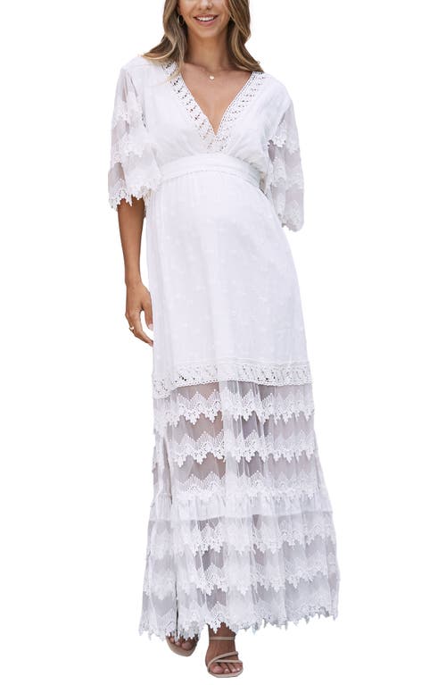 Lace Cotton Maternity Maxi Dress in White
