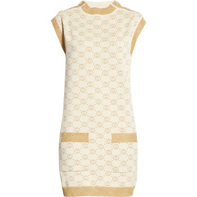 Gucci Interlocking-G Metallic Jacquard Wool Sweater Minidress, Ivory