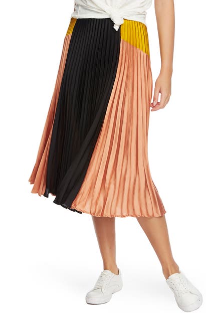 1.STATE COLORBLOCK SATIN PLEATED MIDI SKIRT,8120401
