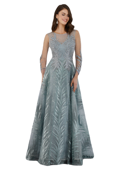 Shop Lara New York High Neck Sheer Long Sleeve Embellished Gown In Seagreen