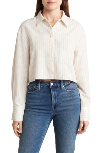 Elodie Stripe Long Sleeve Crop Button-up Shirt In White