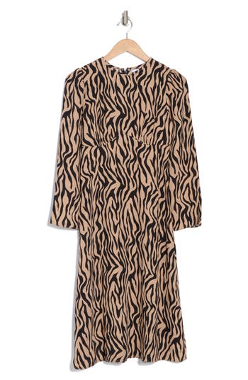 Nordstrom Rack Everyday Long Sleeve Midi Dress In Black- Tan Zebra Stripes