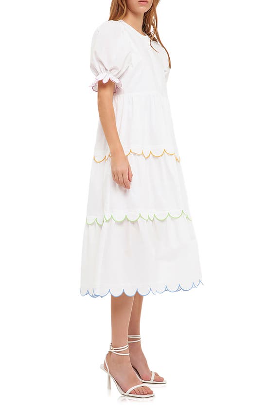 Shop English Factory Contrast Scalloped Trim Cotton Midi Dress In White Multi