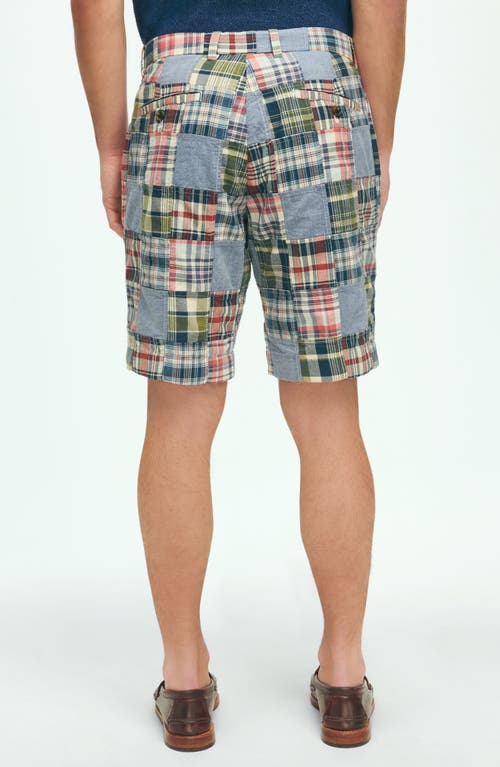 Shop Brooks Brothers Plaid Patchwork Flat Front Cotton Madras Shorts In Chambray Multi