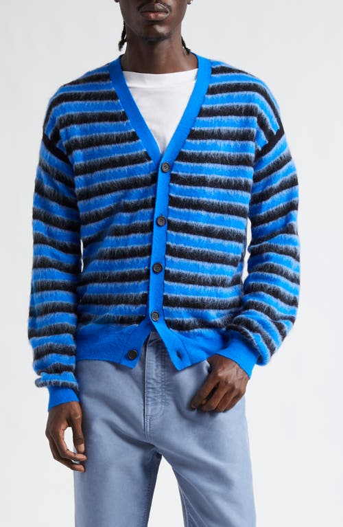 Shop Marni Stripe V-neck Mohair & Wool Blend Cardigan In Bright/blue