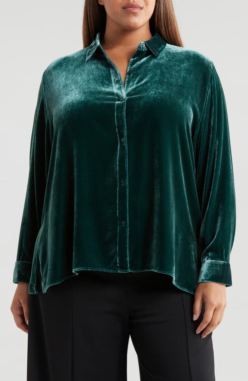 Shop Eileen Fisher Easy Relaxed Fit Velvet Button-up Shirt In Pine