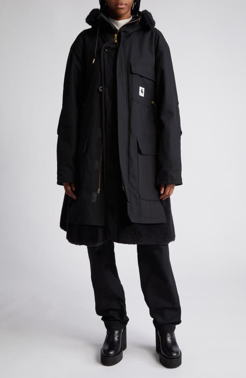 Sacai x Carhartt WIP Cotton & Faux Shearling Parka in Beige