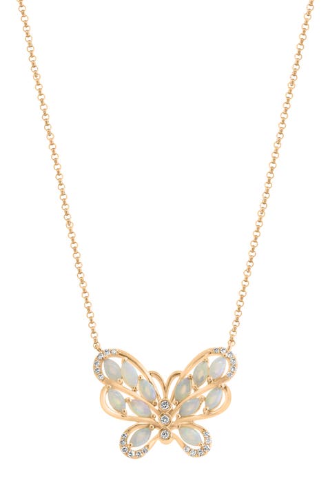 14K Yellow Gold Opal & Diamond Butterfly Pendant Necklace - 0.10ct.