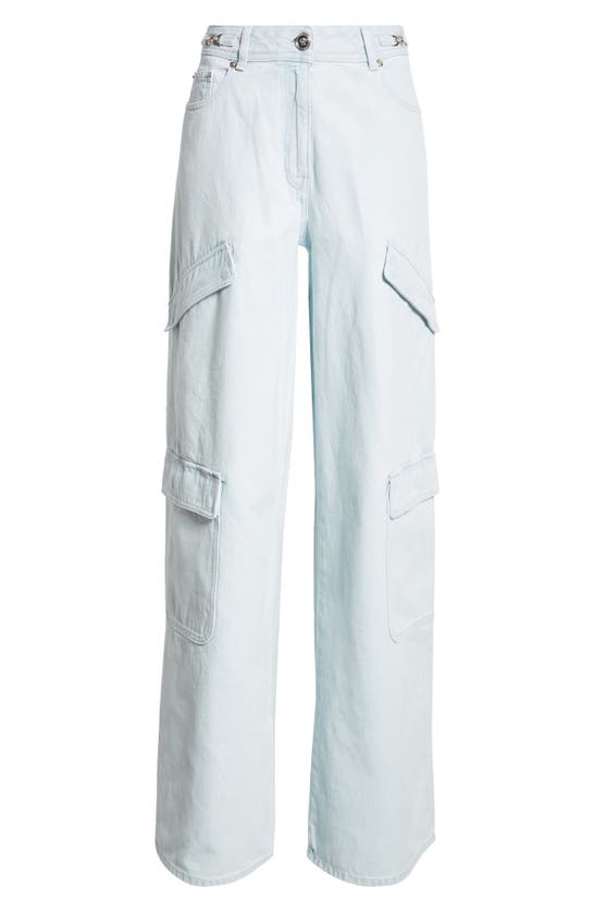 Shop Versace Pocket Detail Wide Leg Cargo Jeans In Light Sand