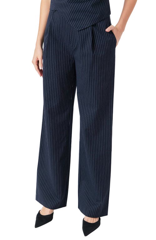 Endless Rose Stripe Pleat High Waist Pants In Navy