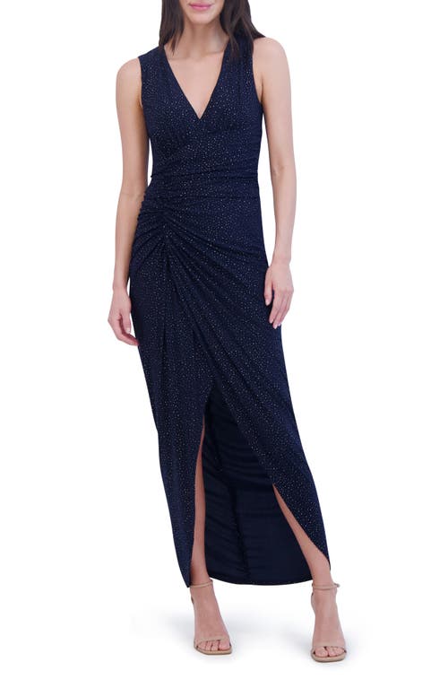 Shop Vince Camuto Shirred Rhinestone Detail Sleeveless Gown In Navy