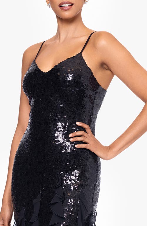 Betsy & Adam Sequin & Ruffle Gown In Black