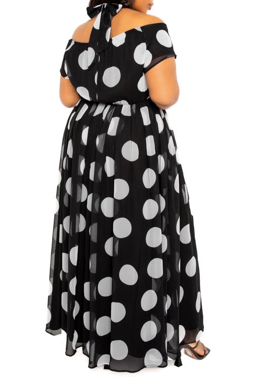 Shop Buxom Couture Polka Dot Off The Shoulder Halter Maxi Dress In Black White