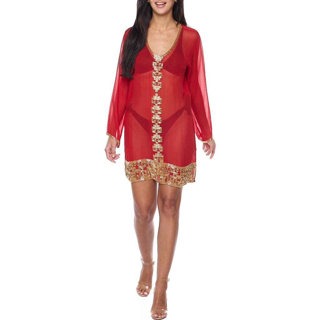 Shop Ranee's Ranees Embellished Long Sleeve Tunic In Red