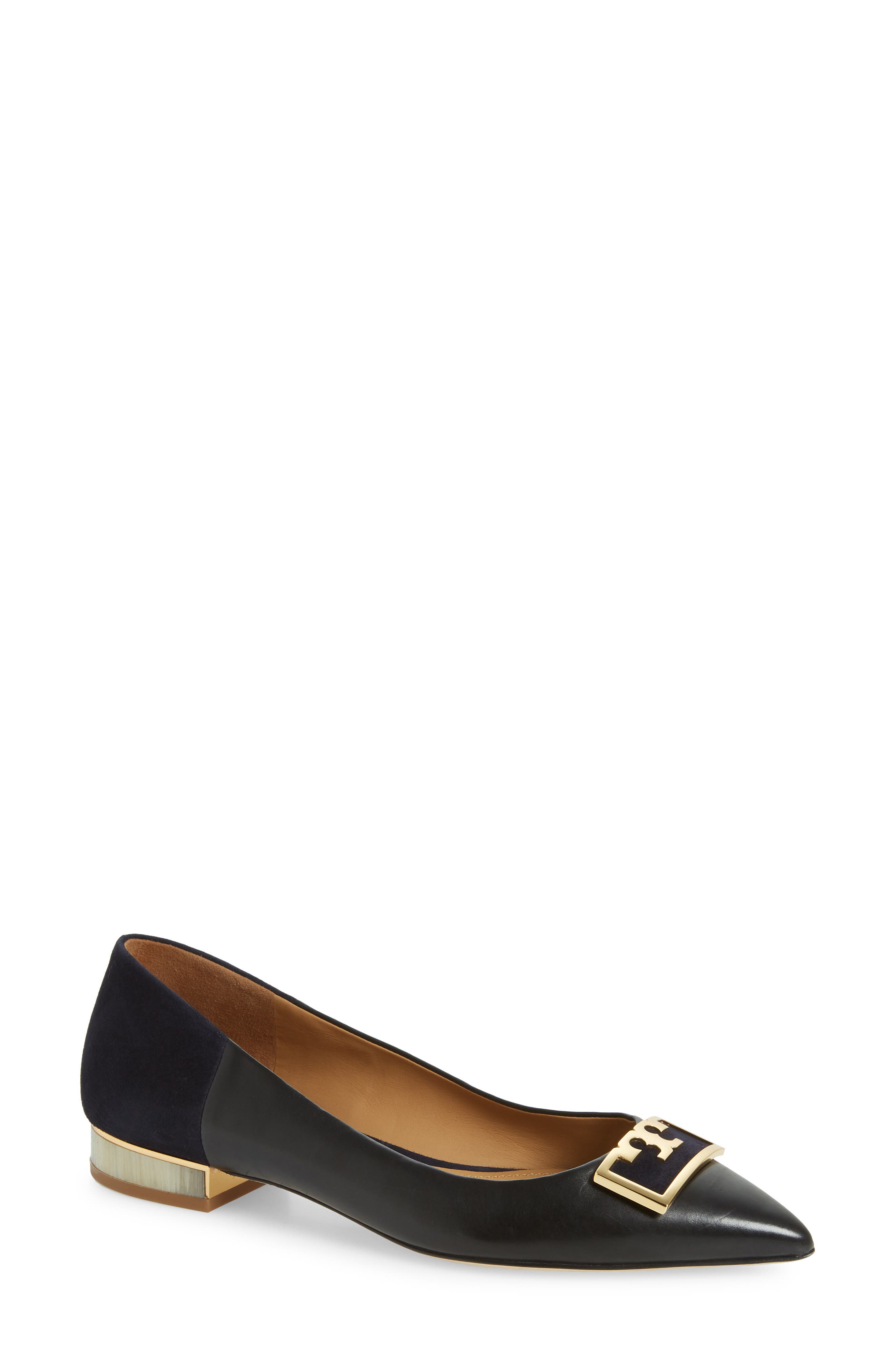 Tory Burch Gigi T Logo Pointy Toe Flat, Black