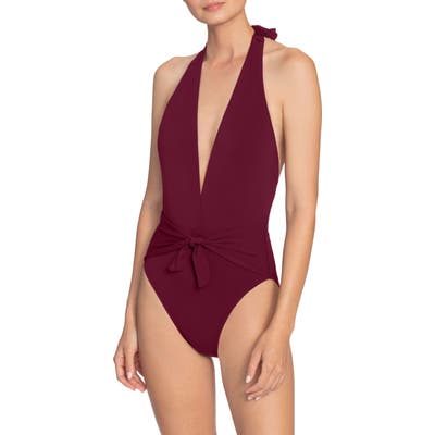 Robin Piccone Ava Plunge Wrap One-Piece Halter Swimsuit, Purple