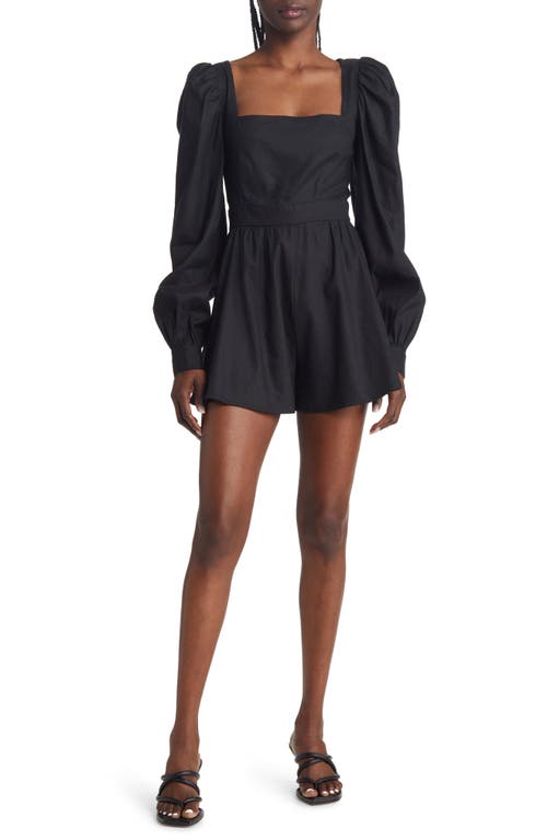 Chelsea28 Square Neck Long Sleeve Linen Blend Romper in Black