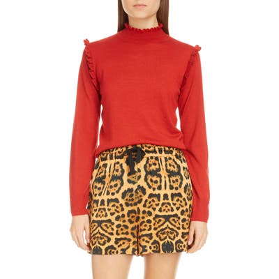 Dries Van Noten Ruffle High Neck Wool & Silk Sweater, Red