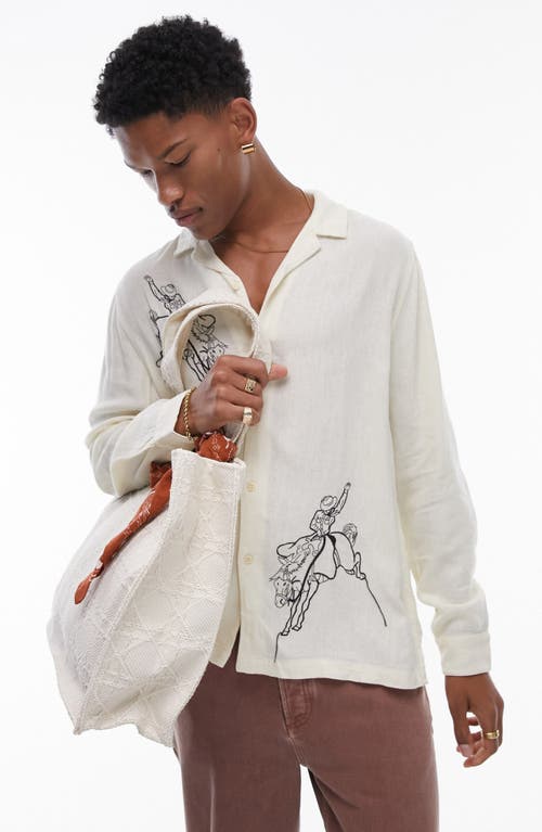 Topman Embroidered Cowboy Linen Long Sleeve Camp Shirt in Stone at Nordstrom, Size Xx-Large